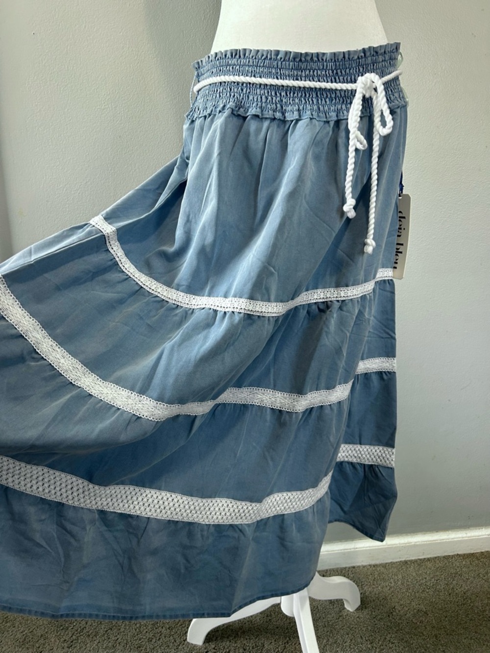 Blue Denim Tencel Tiered Maxi Skirt w Rope Belt Lace Trim Boho Prairie Cottage